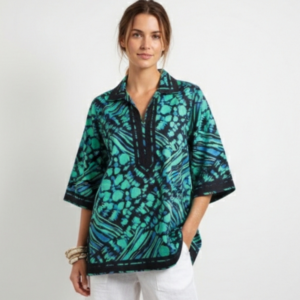 Dana Buchman Blouse Retro Boho Grunge Tunic Green Blue L